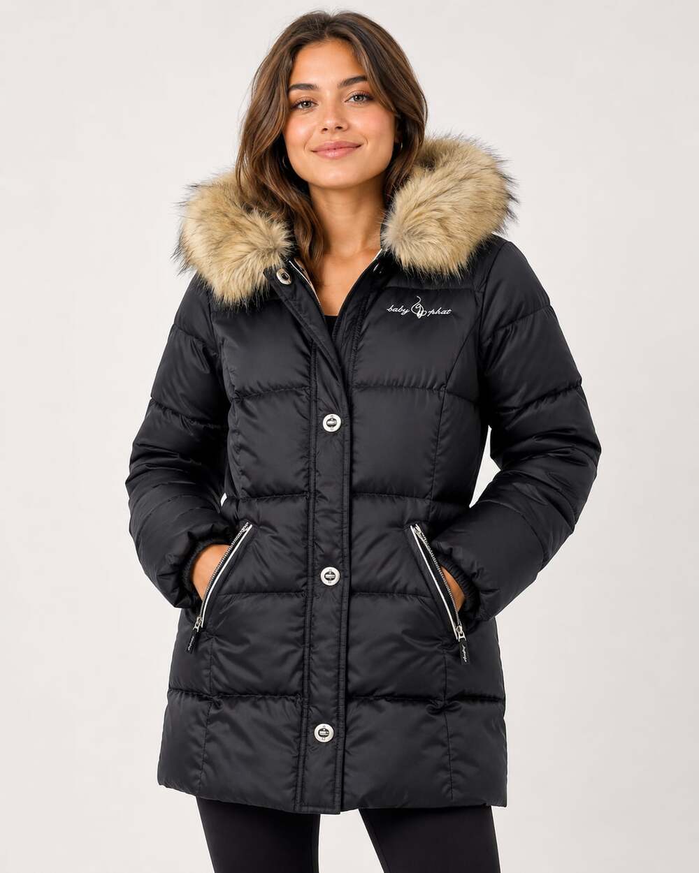 Y2k Baby Phat Black Puffer Coat with Faux Fur Hood S